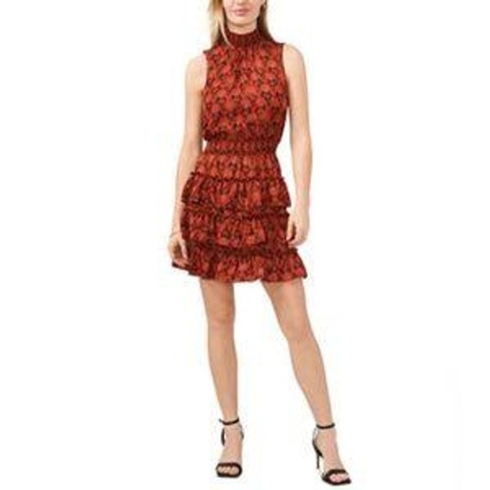 1.STATE NWT Folklore Floral Smocked Mock Neck Tiered Ruffle Mini Dress Red XL